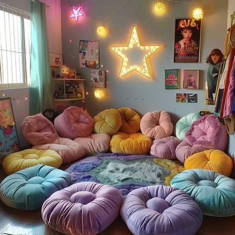 Colorful #Relaxation Nook: A #cozy corner filled with vibrant floor #cushions under a glowing #starlight, creating a warm, inviting atmosphere. #colorful #aiart #aiphoto #stockcake ⬇️ Download and 📝 Prompt 👉 https://stockcake.com/i/colorful-relaxation-nook_849222_242652 Pillow Living Room Floor, Floor Pillows Reading Nook, Pillow Corner Floor, Small Teen Hangout Room, Calm Down Room, Comfy Corner Cozy Nook, Relaxation Nook, Meditation Nook, Comfy Corner