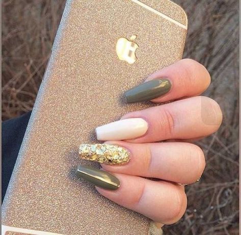 Nailart Tutorial, Olive Nails, Gel Nail Art Designs, Gold Glitter Nails, Green Nail Designs, Nails Green, Fall Acrylic Nails, Super Nails, Ballerina Nails