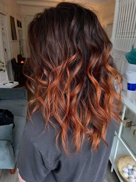 Dark Copper Ombre Hair, Cooper Ombre Hair, Dark Brown To Copper Balayage, Dark Brown And Copper Hair, Brunette Copper Highlights, Copper Hair With Dark Roots Brown, Ombre Copper Hair, Copper And Black Hair, Black And Copper Hair