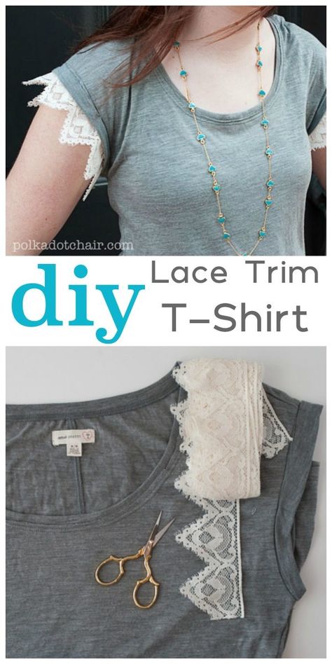 DIY Lace Trim Tee Tutorial - Today's Creative Life Sewing Projects Clothes Upcycling, Distressed Tshirt Diy, Diy Lace Trim, T Shirt Sewing, Diy Fashion Trends, Sewing Easy, Shirt Sewing, Sewing Projects Clothes, Trendy Sewing