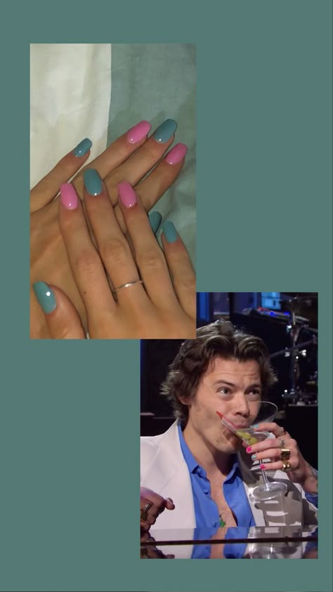 Harry Styles Pink And Blue Nails, Heartstopper Nails, Blue Harry Styles, 1d Nails, One Direction Nails, Venus Symbol, Harry Styles Nails, Hello Nails, Crush Pics