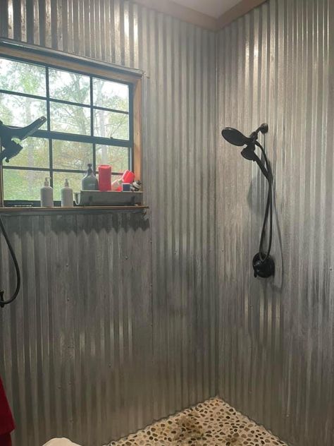 Corrugated Metal Shower Walls, Metal Shower Walls, Mabati House, Corrugated Metal Shower, Galvanized Bathroom, Rustic Bathroom Shower, Tin Ideas, Toilet Basin, Bathtub Surround