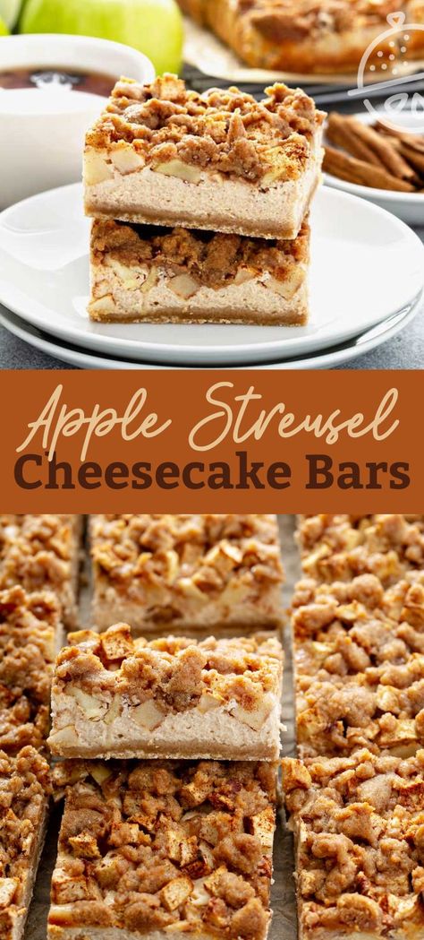 Apple Streusel Cheesecake, Cinnamon Streusel Topping, Apple Cheesecake Bars, Apples And Cinnamon, Apple Streusel, Sliced Apples, Cinnamon Streusel, Apple Cheesecake, Apples And Cheese