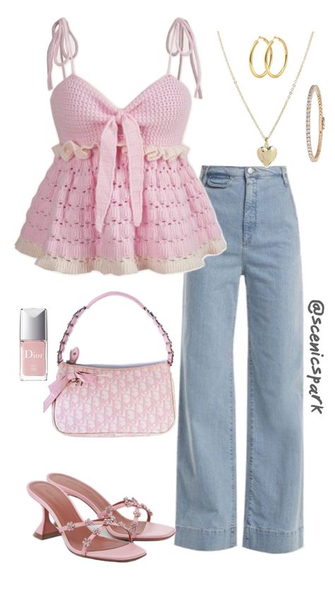 #pink #ootd #outfitideas #girly Aesthetic Barbie Outfit, Pink Bow Outfit, Elle Woods Aesthetic Outfits, Pink Concert Outfits, Pink Outfits Polyvore, Pink Girly Outfits, Barbiecore Outfit, Fem Outfits, Casual Coquette