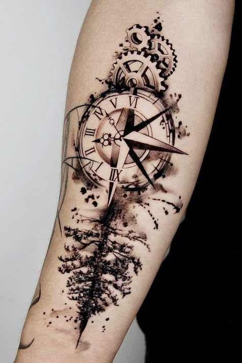 Meaningful Tattoo Ideas For Men And Cool Designs To Ink Your Body ★ Clock Tattoo Design Compass Watch Tattoo, Clock Tattoo Ideas, The Best Tattoos For Men, Hole Tattoo, Tree Of Life Tattoos, Black Hole Tattoo, Collar Bone Tattoos, Compass Tattoo Men, Best Tattoos For Men