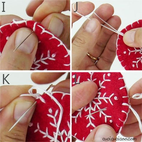 Felt Embroidery Christmas Decorations, Making Felt Christmas Ornaments, Embroidery Patterns Free Printables Christmas Ornament, Snowflake Diy Ornaments, Wool Christmas Ornaments Diy, Felt Christmas Ornaments To Make, Wool Applique Christmas Ornaments, Embroidered Felt Ornaments Diy, Embroidered Christmas Ornaments Diy