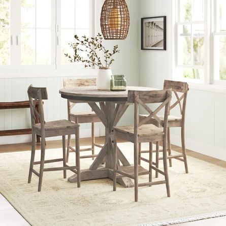 Sand & Stable Eugley 4 - Person Counter Height Dining Set | Wayfair Round Bar Height Dining Table, Bar Height Round Dining Table, Round Pub Table Sets, Counter Height Round Dining Table, High Top Round Table, Diy Bar Height Dining Table, Counter Height Round Table, Coastal Farmhouse Kitchen Table, Round High Top Table