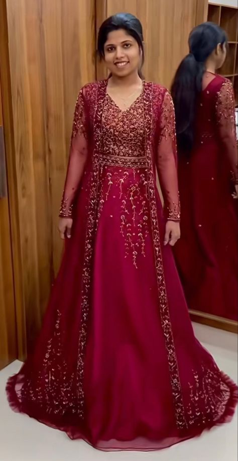 Gown With Overcoat Indian, Designer Anarkali Dresses Receptions, Net Dress Designs Pattern, Cousin Marriage, Net Dress Design, Red Dress Design, Wedding Matching Outfits, Gown Dress Party Wear, Long Jacket Dresses