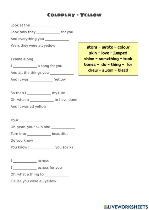 Lyrics Worksheet, Yellow Coldplay, Listening Comprehension, Music Worksheets, English Worksheets For Kids, English As A Second Language (esl), English As A Second Language, English Worksheets, School Subjects