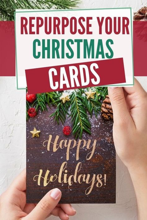 Pin image Old Christmas Cards Reuse, Christmas Cards Repurposed, Used Christmas Card Crafts, How To Use Old Christmas Cards, Crafts Using Christmas Cards, Used Christmas Cards Crafts Ideas, Christmas Card Recycle Crafts, What To Do With Christmas Cards, Old Christmas Cards What To Do With