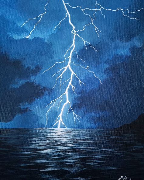 Paint Inspiration Acrylic, Dark Blue Painting Ideas Easy, Weather Painting Art, Thunderstorm Painting Easy, Easy Lightning Painting, Landscape Paintings Easy Acrylic, Simple Water Painting Ideas, Paintinting Ideas Acrylic, Lightning Painting Ideas