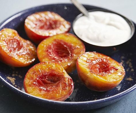 Spiced yoghurt adds perfumed creaminess to these peaches caramelised in brown sugar. Caramelising the peaches deepens their natural flavour. Peach Melba Cake, Caramelized Fruit, Peach Pork Chops, Caramelized Peaches, Frangipane Tart, Peach Recipes, Apple Jam, Cranberry Chutney, Australia Food