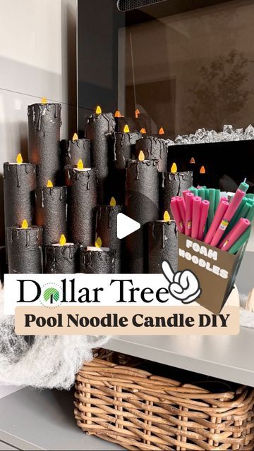 Emma Villaneda on Instagram: "Spooky DIY: Dollar Tree 🎃 HALLOWEEN CANDLES 

👉🏻 let me know how you think they turned out!! 

📸👇🏻 SHOPPING list:
🛒 Dollar Tree Pool Noodles (I used 3)
🛒 Dollar Tree Tea-light Candles (I used 6 packs of 3)
🛒 Back Spray Paint
🛒 Hot Glue/ Glue Gun
 

#dollartree #falldecor #diy #craft #homedecor #fall #pumpkin #transformation #beforeandafter #halloweendecor #design #home #halloween #interior #homedesign #interiordesign #explorepage #trending #reelvideo #newreel #art #dollarstore #kidcraft #creative #diycrafts #diyhomedecor" Pool Noodle Candles, Halloween Interior, Spooky Diy, Foam Noodles, Dollar Tree Halloween, Pool Noodle, Light Candles, Pool Noodles, Halloween Candles