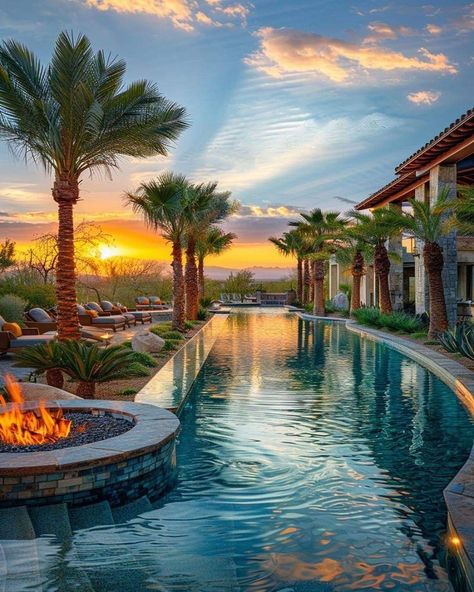 Huge Pool, Residential Pool, Arizona Sunset, Luxury Beach House, Infinity Edge Pool, Swim Up Bar, Cascade Waterfall, Pool Ideas, Infinity Pool