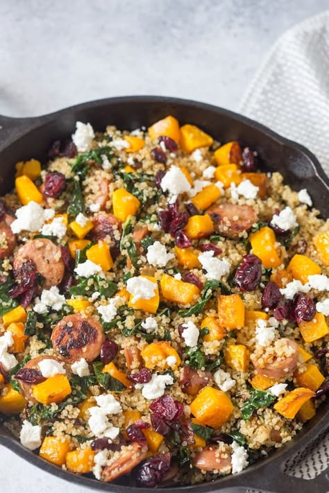 Butternut Squash, Chicken Sausage, and Kale Quinoa Skillet | greens & chocolate Butternut Squash Chicken, Quinoa Skillet, Sausage And Kale, Kale Quinoa, Chicken And Butternut Squash, Fall Foods, Fall Dinner, Chicken Sausage, Squash Recipes