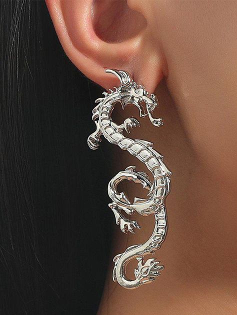 [33% OFF] 2022 Alloy Oriental Dragon Stud Earrings In SILVER | DressLily Chinese Dragon Design, Design Dragon, Dragon Earrings, Dragon Jewelry, Retro Party, Silver Dragon, Animal Earrings, Estilo Punk, Dragon Design