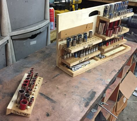 Quick and dirty French Cleat socket caddy.  I later labeled the top of each dowel to mark the location of each socket. And made extra dowels for expansion. -Scott French Cleat Socket Storage, Socket Storage Diy, Connex Shop, Dt Coursework, French Cleat Storage, Garage Projects, Garage Workbench Plans, Socket Storage, Garage Workshop Plans