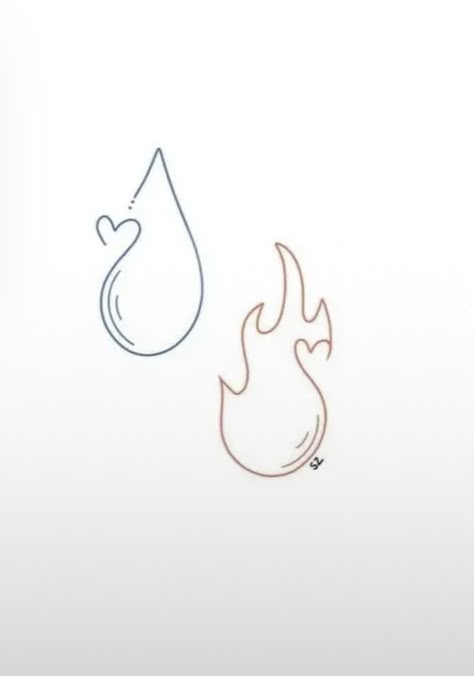 Tattoo Water And Fire, Drop Of Water Tattoo, Fire And Water Tattoo Simple, Water Fire Tattoo Ideas, Fireboy And Watergirl Tattoo, Fire And Rain Tattoo, Rain Drop Tattoo, Heart On Fire Tattoo Simple, Raindrop Tattoo