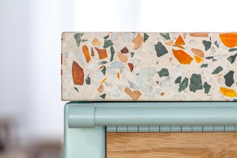 Bespoke terrazzo kitchen worktop | Diespeker & Co Terrazzo Island Kitchen, Terrazzo Shelves, Terrazzo Island, Terrazzo Kitchen Island, Terrazzo Bar, Terrazzo Countertop, Terrazzo Kitchen, Terrazzo Marble, London Kitchen