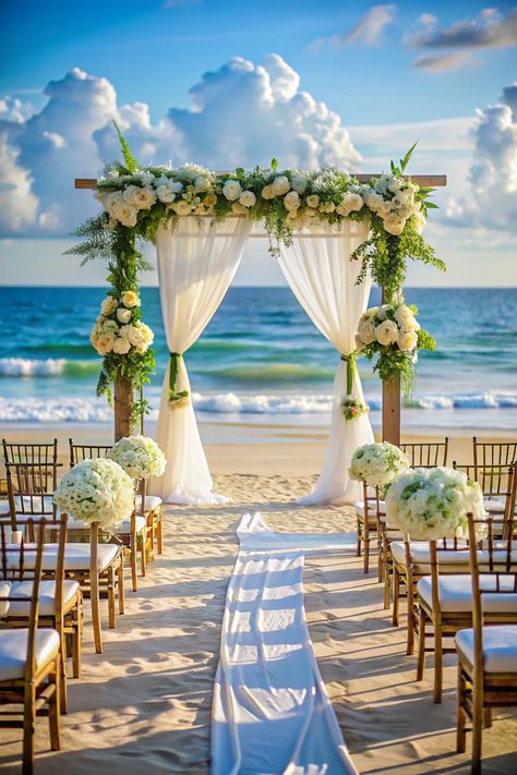 Beach wedding aisle with floral arch and chairs on sandy shore. Transform your sandy nuptials into a coastal masterpiece with creative decor ideas that perfectly capture the essence of saying “I do” by the sea. Beach Wedding Aisle, Beach Wedding Aisles, Outdoor Wedding Decor, Beach Wedding Decorations, Outdoor Wedding Decorations, Floral Arch, Wedding Aisle, Wedding Decor Ideas, Creative Decor