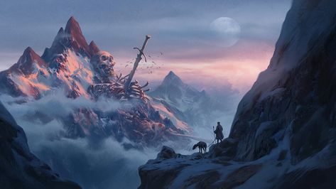 skull and sword illustration #mountains #giant #sword #skeleton #bones #clouds #snow #mist #skull fantasy art #1080P #wallpaper #hdwallpaper #desktop Giant Skeleton, Desktop Background Images, R Wallpaper, Heroic Fantasy, 다크 판타지, Fantasy Places, Wow Art, Fantasy Concept Art, 판타지 아트