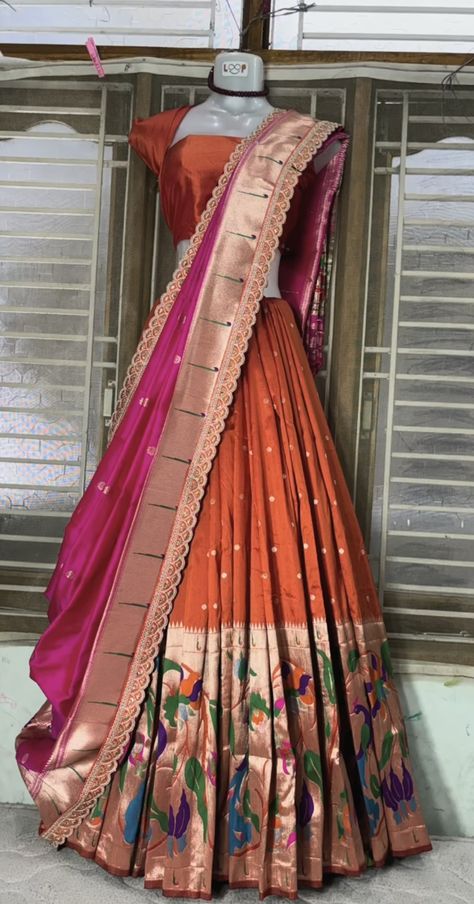 Half Sarees Designer Wear, Gold Colour Half Saree, Paithani Saree Lehenga, Traditional Pattu Lehenga Designs, Pink Pattu Lehenga Half Saree, Pythani Pattu Half Sarees, Paithani Lehanga Designs, New Half Saree Models, Ikkat Half Saree Designs