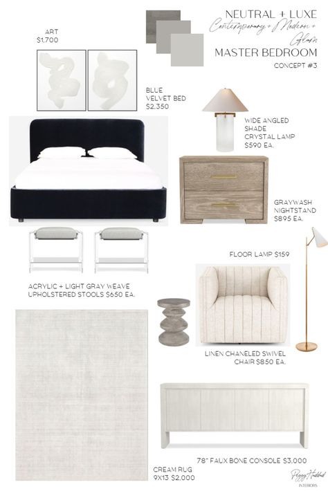 Neutral Glam Bedroom, Rh Bedroom, Luxe Contemporary, Bedroom Contemporary, Glam Bedroom, Modern Farmhouse Living Room, Modern Glam, Gray Bedroom, Master Bedrooms Decor