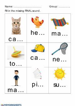 Listen and fill in the final sound Language: English Grade/level: Pre Primary School subject: English as a Second Language (ESL) Main content: Phonics Other contents: Pre Primary Worksheet English, Pre Primary Activities Kindergarten, Pre Primary Worksheet, Pre Primary Activities, Ending Sounds Worksheets, Grade 1 Phonics, Cursive Small Letters, English Kindergarten, Relief Teaching Ideas