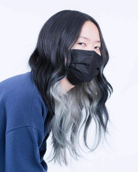 Silver Peekaboo Hair Black Hair With Silver Peekaboo, Brown Peak A Boo Hair, Gray Underdye Hair, Dark Grey Peekaboo Hair, Dark Hair Silver Underneath, Black Hair With Grey Peekaboo, Brown Hair With Silver Underneath, Black Hair Silver Underneath, Silver Underdye Hair