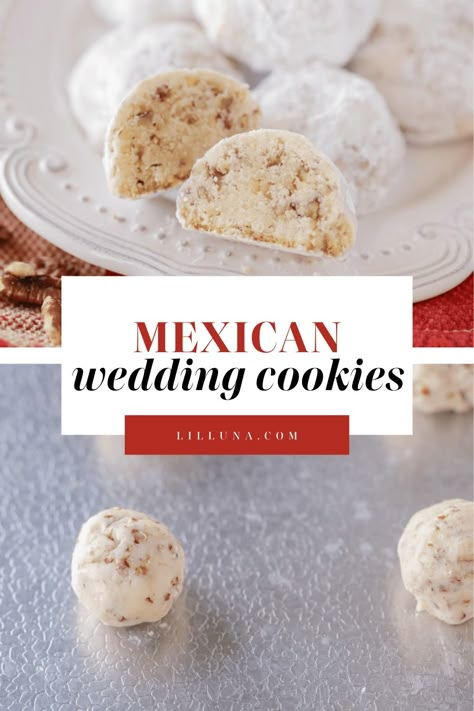 Mexican wedding cookies are soft and buttery with almonds in every bite! These powdered sugar-covered cookies are crumbly and delicious. #mexicanweddingcookies #mexicancookies #weddingcookies #cookies #dessert Mexican Wedding Cake Cookies, Mexican Wedding Cookies Recipes, Wedding Cookies Recipe, Russian Tea Cakes, Amazing Snacks, Favorite Christmas Cookies, Mexican Treats, Wedding Cake Cookies, Mexican Wedding Cookies