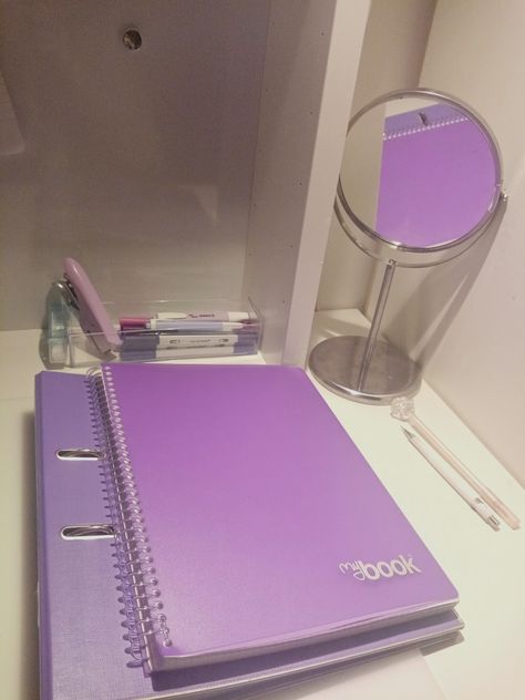 Pink And Purple School Supplies, Purple School Supplies Aesthetic, Purple School Aesthetic, Y2k School Supplies, Purple Notebooks, Purple School Supplies, Purple Stationary, Purple Study, Junior Year High School