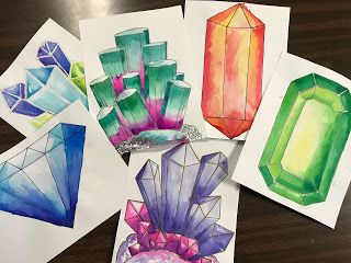 Art Lesson Elementary, Draw Crystals, Draw Gems, Gems And Crystals, Middle School Art Projects, Gems Crystals, Art Lessons Middle School, 6th Grade Art, 4th Grade Art