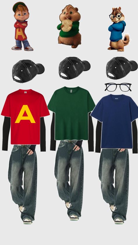 Trio Halloween costume inspo - Alvin and the chipmunks - baggy street wear jeans, red t shirt, blue t shirt green t shirt with black longsleeve undershirt and black backwards hats Twin Costumes, Trio Halloween Costume, Disney Characters Costumes, Trio Costumes, Horror Halloween Costumes, Classy Halloween Costumes, Matching Halloween Costumes, Cheap Halloween Costumes, Trio Halloween Costumes