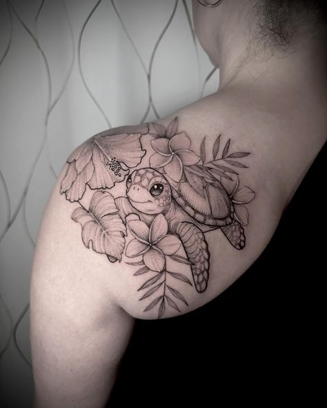 Started this sea turtle and tropical flowers tattoo which extends over the shoulder and will continue down the arm for Becky . Stenciling these tattoos are always a challenge but time, patience and a bit of crafting eventually leads to success . . #seaturtle #seaturtletattoo #hibiscustattoo #plumeriatattoo #shouldercaptattoo #clavicletattoo #floraltattoo #floraltattoos #delicatetattoo #delicatetattoos #fineline #finelinetattoo #finelinetattoos #texastattooartist #austintexas #blackworktattoo ... Triceratops Tattoo With Flowers, Turtle Shoulder Tattoo, Tropical Flowers Tattoo, Arm Shoulder Tattoo, Triceratops Tattoo, Tropical Flower Tattoos, Plumeria Tattoo, Shoulder Cap Tattoo, Clavicle Tattoo