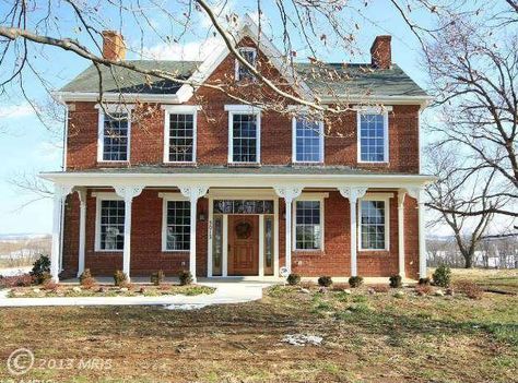 Farmhouse Friday: Knoxville, MD brick farmhouse Brick Farmhouse Exterior, Brick Farmhouse, Colonial Farmhouse, Red Brick House, Farmhouse Porch, Farmhouse Style House Plans, Old Farm Houses, House With Porch, Beautiful Houses