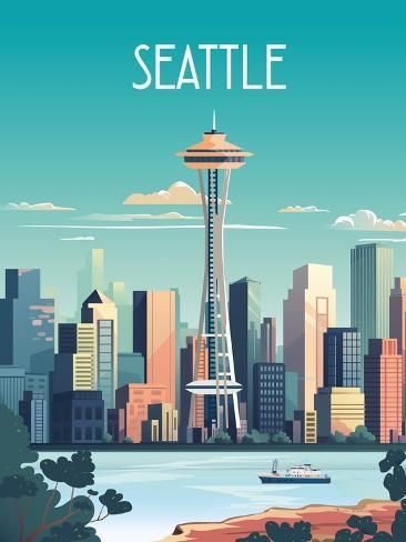 size: 12x9in Art Print: City Sights Seattle by Omar Escalante : Seattle Poster, Southwest Travel, Seattle Art, Skyline Art, Urban Landscape, Vintage Travel Posters, Big Canvas, Seattle Skyline, Stretched Canvas Prints