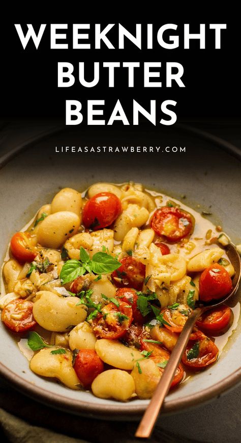 Brothy Weeknight Butter Beans - This easy butter bean stew is perfect for busy evenings! You just need a few ingredients and half an hour on the stove for this one pot dinner. Start by sauteeing some garlic and shallot, then stir in some veggies, red pepper flakes, and creamy canned butter beans. Simmer that all in a bit of veggie stock, then finish with lemon juice and plenty of fresh herbs. With how to photos and plenty of notes for ingredient substitutions! Butter Bean Stew, Butter Beans Recipe, Bean Dishes, Beans Recipes, Canned Butter, Vegetables Recipes, Easy Butter, Veggie Stock, One Pot Dinner