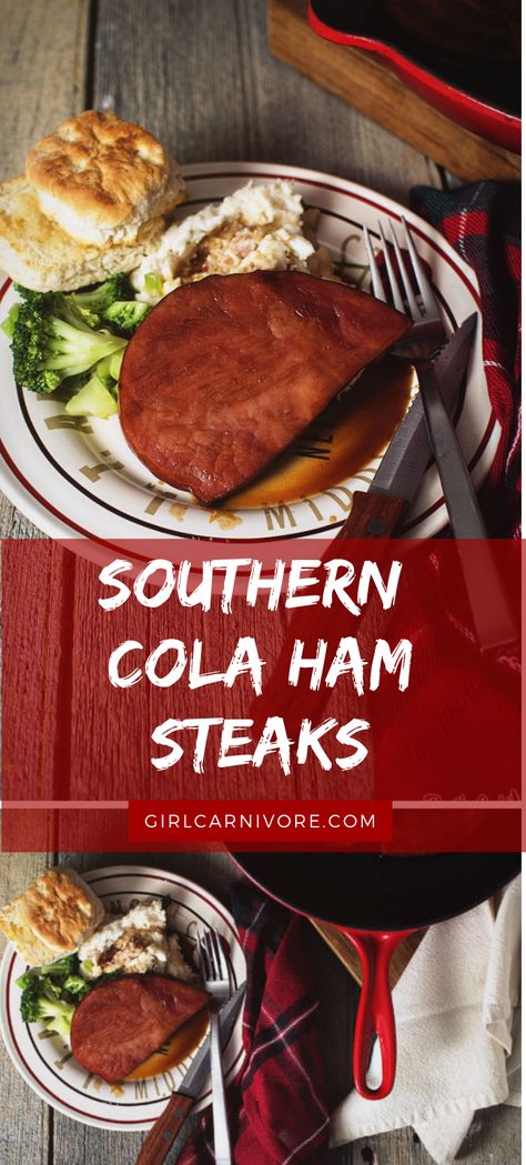 Southern Cola Ham Steaks are a simple supper that reminds me of home. An easy quick-seared ham steak recipe in a sweet pan sauce is a classic in my kitchen and will be a hit in yours Crock Pot Ham Steak Recipes, Ham Steak Instant Pot, Bone In Ham Steak Recipes, Ham Steak Recipes Easy, Ham Steaks Recipes, Ham Steak Recipes Baked In Oven, Ham Steak Dinner Ideas, Ham Steak, Baked Ham Steak