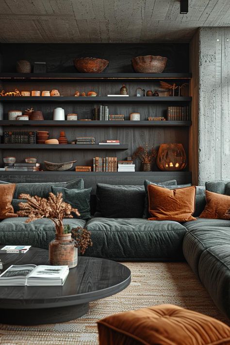 Dark Modern Living Room Apartment, Vintage Family Room Ideas, Vintage Chic Decor Living Room, Mid Century Modern Living Room Black, Black Mid Century Modern Living Room, Dark Interior Aesthetic, Brownstone Interiors Living Rooms, Moody Scandinavian Living Room, Moody Chic Living Room