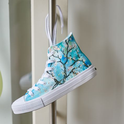 Custom hand-painted high top trainers inspired by Van Gogh's Almond Blossom Artistic High-top Custom Sneakers, Spring Hand-painted High-top Sneakers, Hand Painted High-top Sports Sneakers, Multicolor Hand-painted High-top Sneakers, Artistic Hand Painted High-top Sneakers, Painted Sneakers, Almond Blossom, Summer Bucket Lists, High Top Shoes