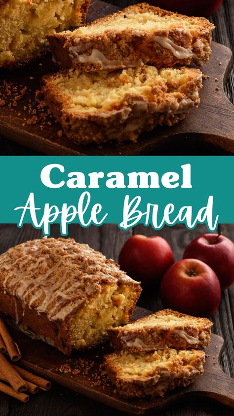 This amazing caramel apple bread makes a delicious treat after apple picking. The savory apple bread pairs perfectly with the Struessel topping and decadent caramel icing drizzled on top. Caramel Apple Bread Recipe, Caramel Apple Loaf, Apple Caramel Bread, Apple Maple Bread, Dried Apples Recipes, Caramel Apple Sourdough Bread, Carmel Apple Topping, Carmel Apples Recipes, Apple Spice Bread