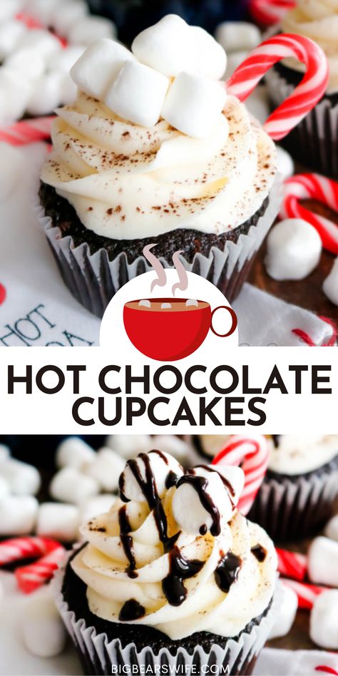 Winter Cupcakes, Hot Chocolate Cupcakes, Frosting Cupcakes, Christmas Cupcakes Recipes, Frosting Chocolate, Homemade Marshmallow, Winter Baking, Marshmallow Frosting, Mini Candy Canes