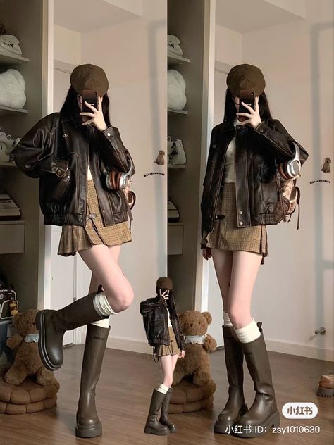 Asian Styles Clothes, China Town Outfit, Bear Outfit Women, Arcade Aesthetic Outfit, Brown Hair Outfits, Cute Brown Outfits, Brown Fashion Aesthetic, Japanese Aesthetic Outfits, Light Feminine Outfits