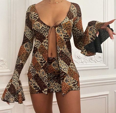 Super cute leopard print two piece set. Kiana Davis, Paradise Dress, Dress Romper, Tank Dress, Stretch Fabric, Wrap Dress, Fashion Show, Fabric Design, Cold Shoulder Dress