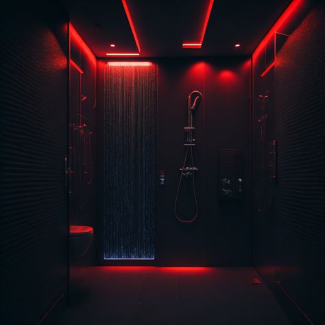 Black And Red Bathroom Ideas Decor, Bathroom Red Lights, Red Lights In Bedroom, Red Shower Aesthetic, Bathroom Vibes Aesthetic Led Lights, Red And Black House Interior, Dark Red Bathroom Aesthetic, Black And Red House Interior Design, Red Black Room Aesthetic