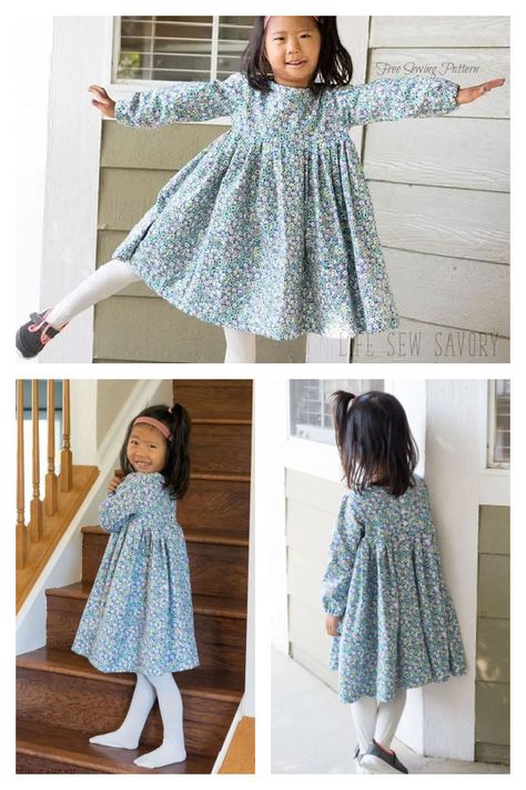 Little Girl's Long Sleeve Sweet Rose Dress Free Sewing Pattern Free Childrens Sewing Patterns, Sewing Patterns Free Kids, Girls Long Sleeve Dress Pattern, Free Toddler Dress Pattern, Long Sleeve Dress Sewing Pattern, Toddler Dress Pattern Free, Long Sleeve Kids Dress, Long Sleeve Dress Pattern, Girls Sewing Projects