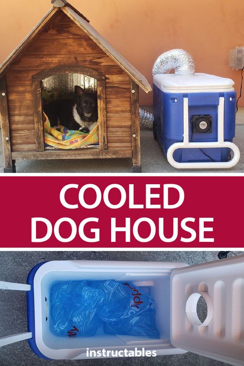 The Hot Dog House is a pet house that is cooled via a cooler setup to keep your dogs from getting too hot during the summer months. #Instructables #outside #AC #portable Dog House With Ac, Easy Dog House, Outside Dog Houses, Portable Dog Kennels, Dog Kennel Designs, Diy Dog Kennel, Dog House Plans, Outdoor Dog House, Outside Dogs