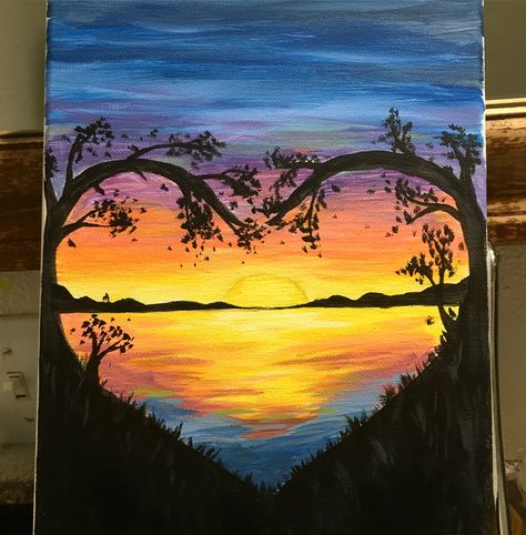 Tree In Sunset Painting, Paint N Sip Ideas Easy, Wood Painting Art Simple, Sun Painting Ideas On Canvas, Couple Paint And Sip, Couple Painting Ideas On Canvas, Romantic Canvas Painting, Painting About Love, Love Painting Romantic