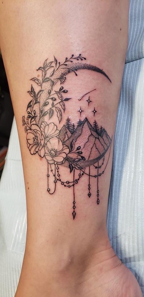 Dream Catcher With Mountains Tattoo, Floral Side Piece Tattoo, Book And Moon Tattoo, Moon Shoulder Tattoo For Women, Moon Mountain Tattoo, Womens Sternum Tattoo Ideas, Crescent Moon Tattoo Design, Bohemian Tattoo Sleeve, Side Piece Tattoos