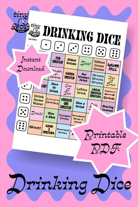 Drinking Dice | Available now on our Etsy store @tinygooseshop Printable drinking game, instant download, A4 and Letter paper sizes Drinking Dice Games, How To Make Dice, Dice Printable, Drinking Games For Couples, Drunk Games, Drinking Board Games, Alcohol Games, Game For Couples, Board Games For Couples